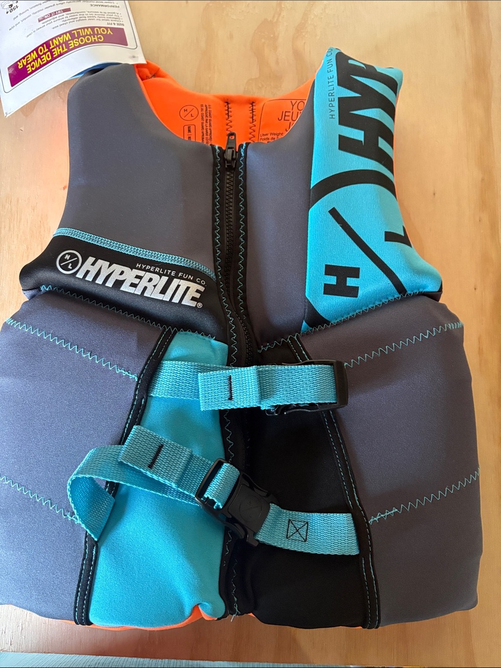 Hyperlite Kids' Teal and Gray Life Jacket - Front-Zip Swim Vest